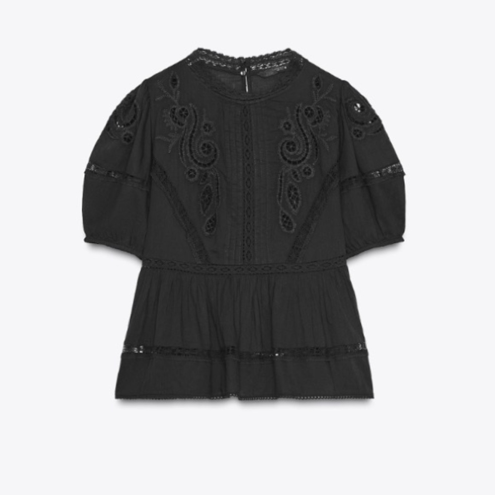Zara Round Neck Short Sleeve Embroidered Romantic Blouse Top Sz:L Black - Picture 5 of 9